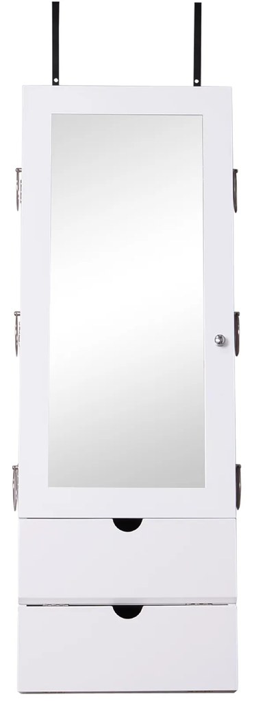 HOMCOM Espelho com Móvel de Bijuterias de Parede ou Porta Armário Porta Jóias com Altura Ajustável 2 Prateleiras Fechadas com Portas e Organizador de Jóias 35,5x9,5x102cm Branco