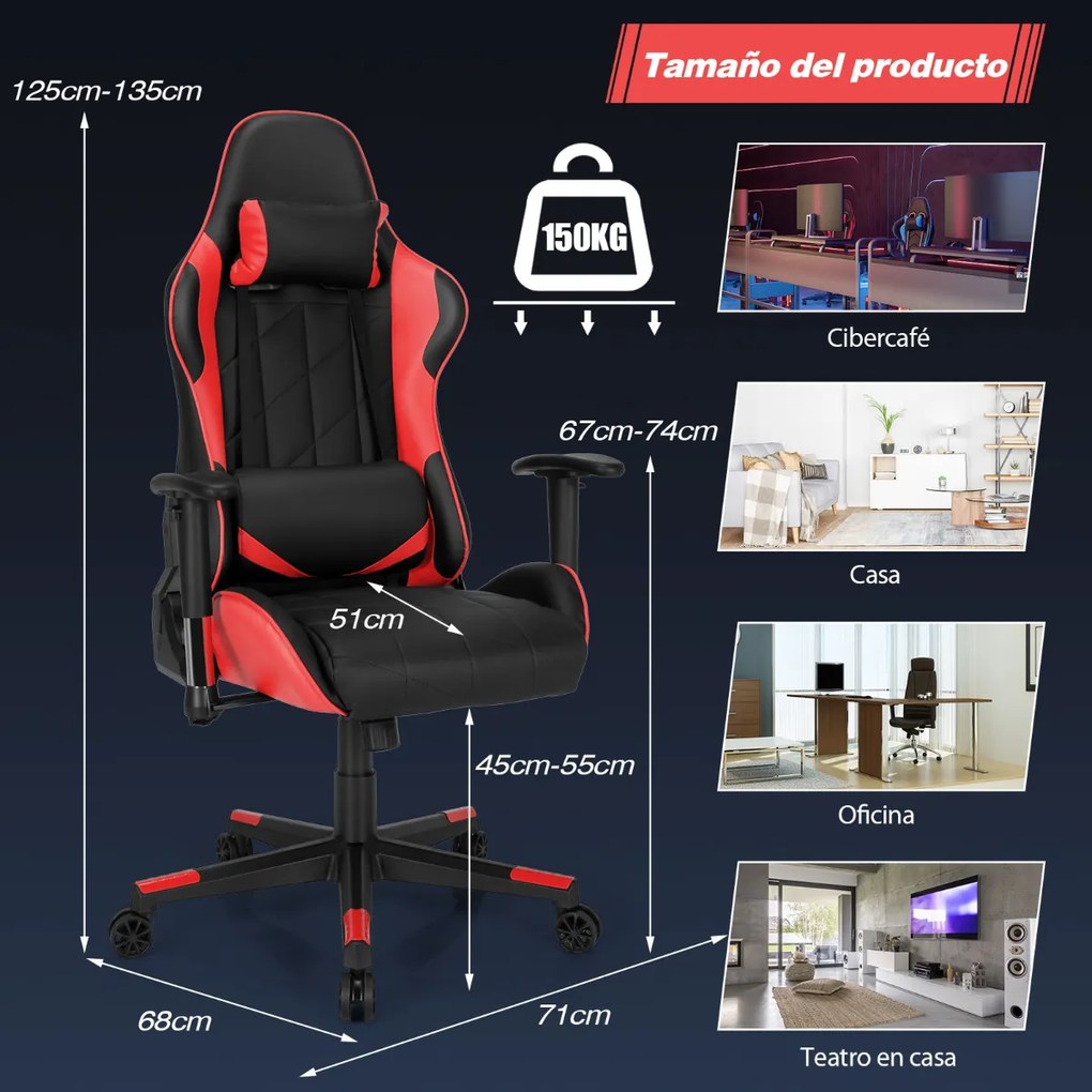 Cadeira giratória para gaming ergonómica para computador Reclinável Ajustável em estilo Carrera com almofada lombar Vermelho e preta
