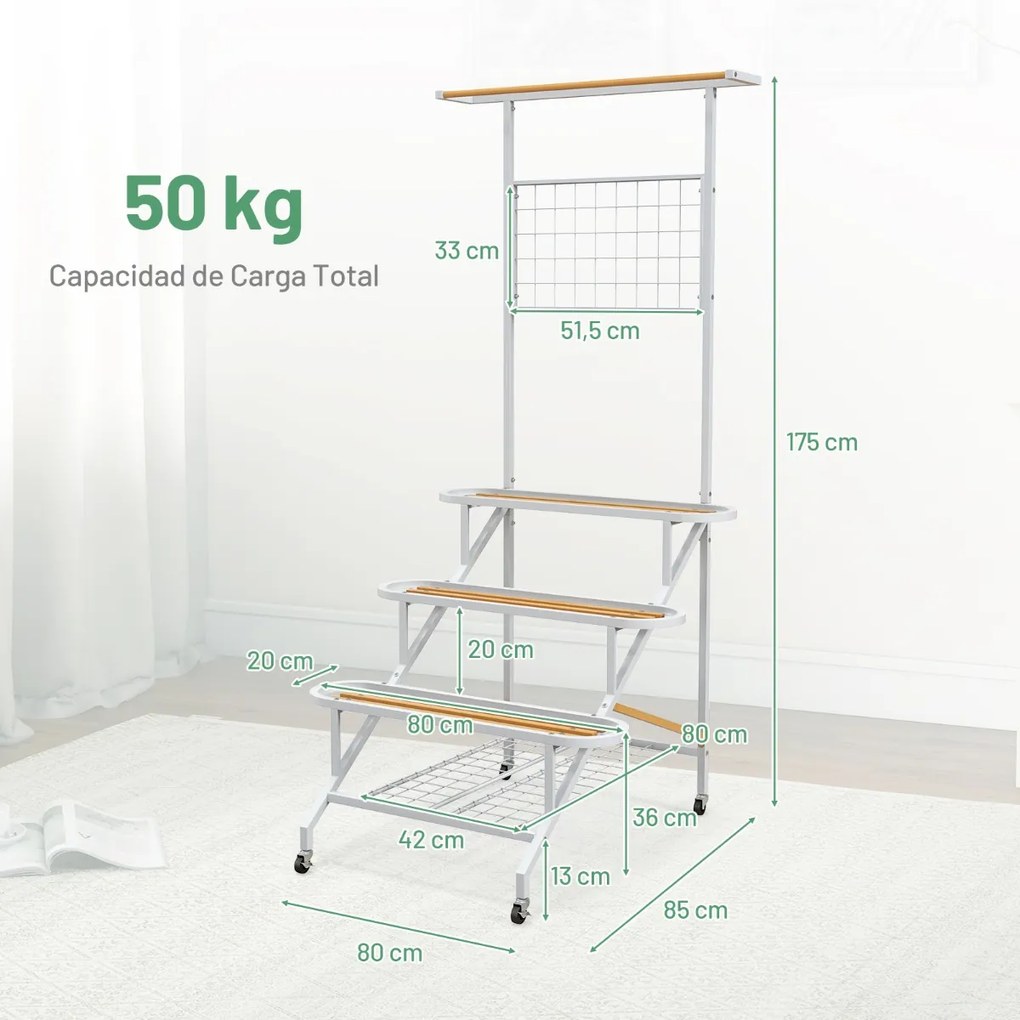 Estante para plantas de 4 níveis com estrutura metálica com rodas, escada e barra 80 x 85 x 175 cm para sala de estar, varanda e pátio Branco