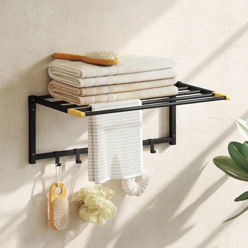 Toalheiro de Parede 60x32,5x20 cm Dobrável com 5 Barras e 6 Ganchos Suporte para Toalhas para Casa de Banho Dobrável e Compacto Preto