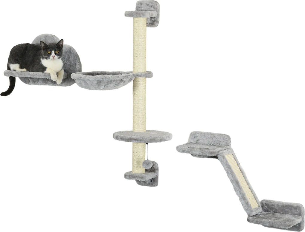 PawHut Conjunto de Prateleiras de Escalada para Gatos de 3 Peças  com Rede Rampa Arranhador Plataforma em Forma de Nuvem para Saltar Cinzento | Aosom Portugal