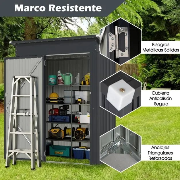 Abrigo jardim para ferramentas para todas as condições meteorológicas com telhado inclinado Porta exterior 150 x 90,5 x 185 cm Cinzento