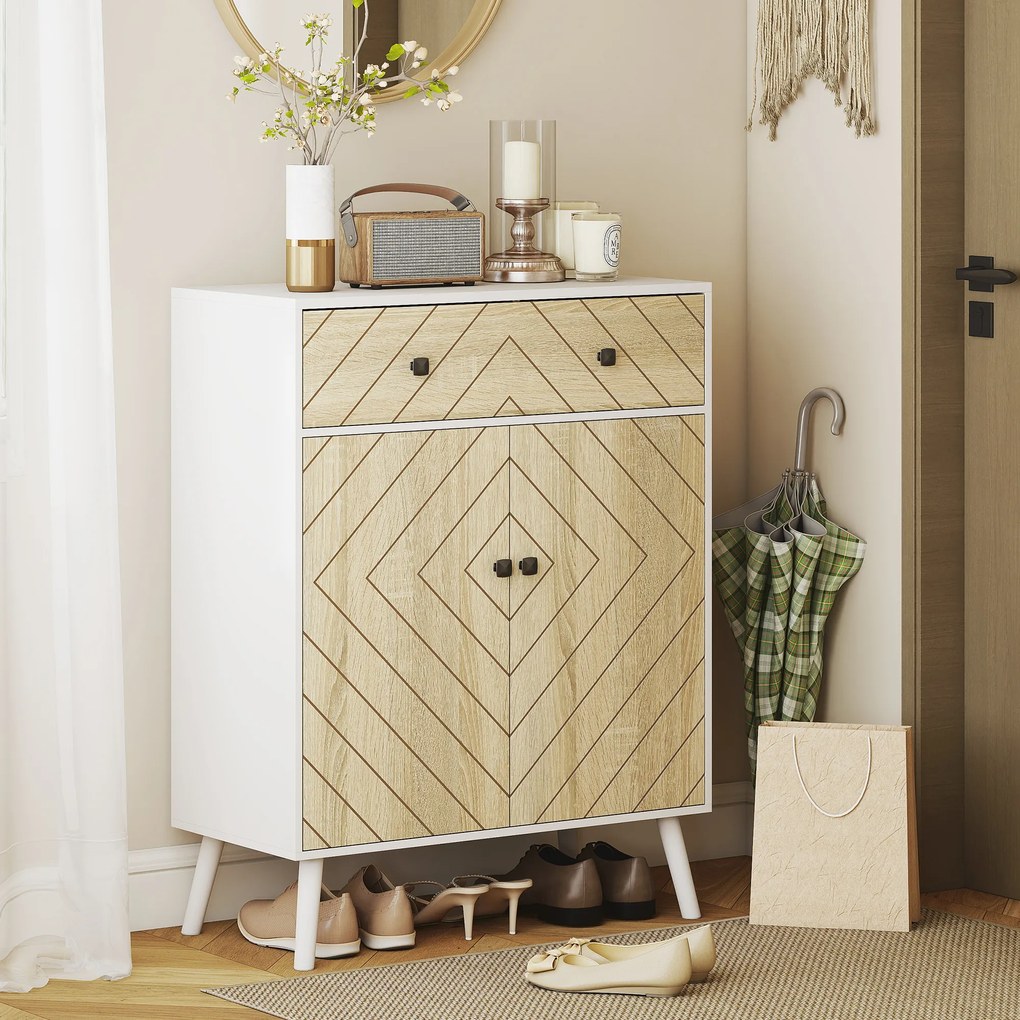 Sapateira de 2 Portas com Design em Espiga Prateleiras Ajustáveis Gaveta para 12 Pares de Sapatos 75x35x97 cm, Branco e Madeira