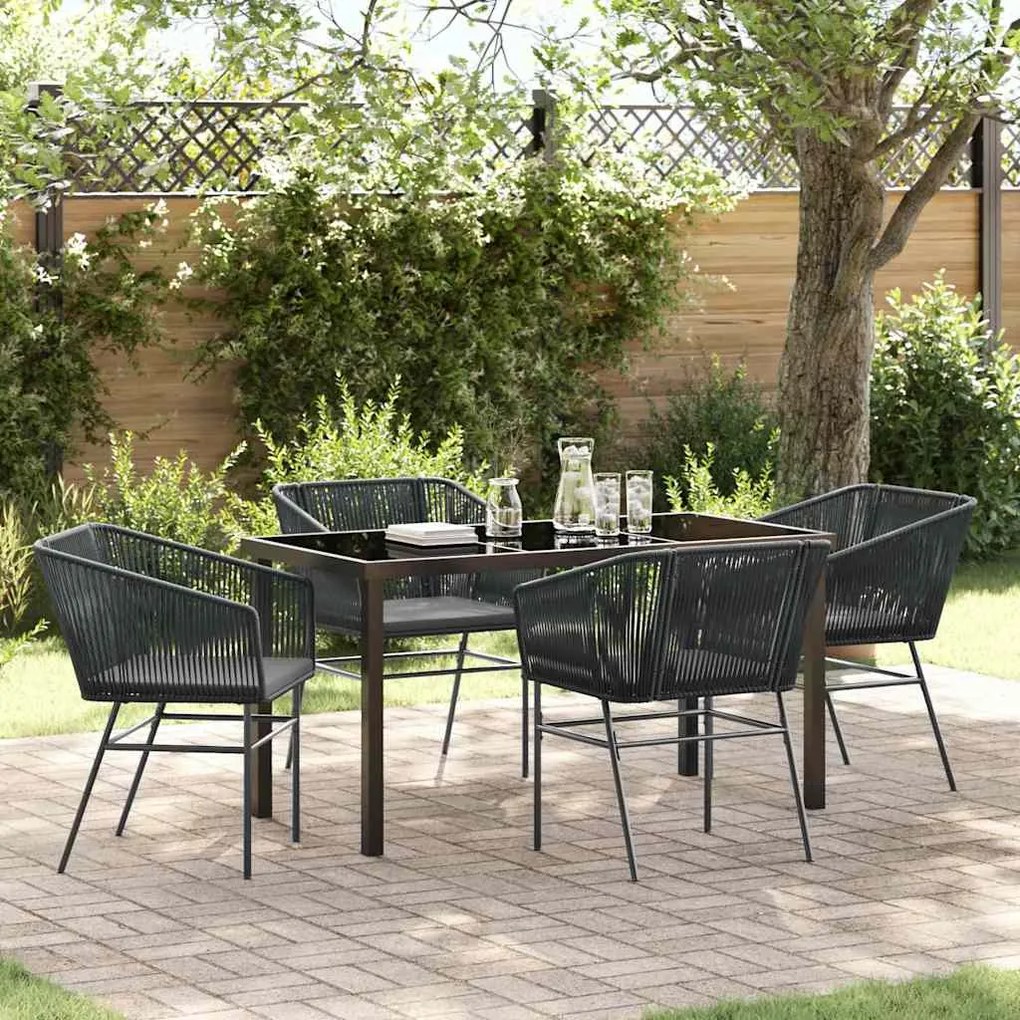 vidaXL Conjunto de Jantar de Jardim 5 Peças com Almofadas Pretas em Rattan e Poliéster.
