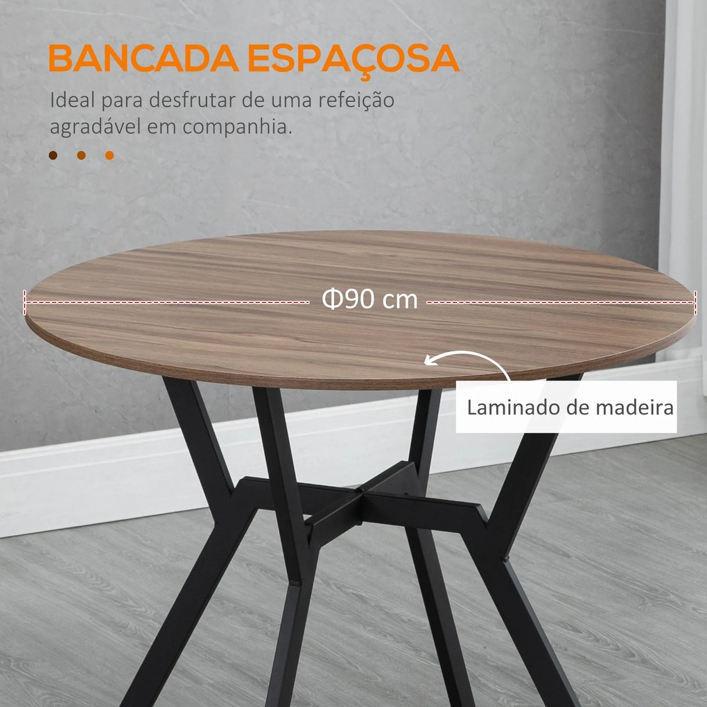 Mesa de Cozinha Redonda Mesa de Jantar Estilo Industrial com Bancada de Madeira e Estrutura de Aço para Sala de Jantar Carga 60kg Ø90x76 cm Marrom e P