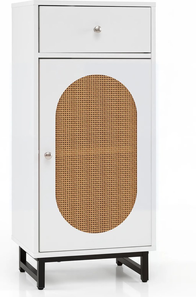 Armário de Arrumação com Porta de Rotim e Gaveta, 40 x 30 x 90 cm, Prateleira Ajustável, Branco
