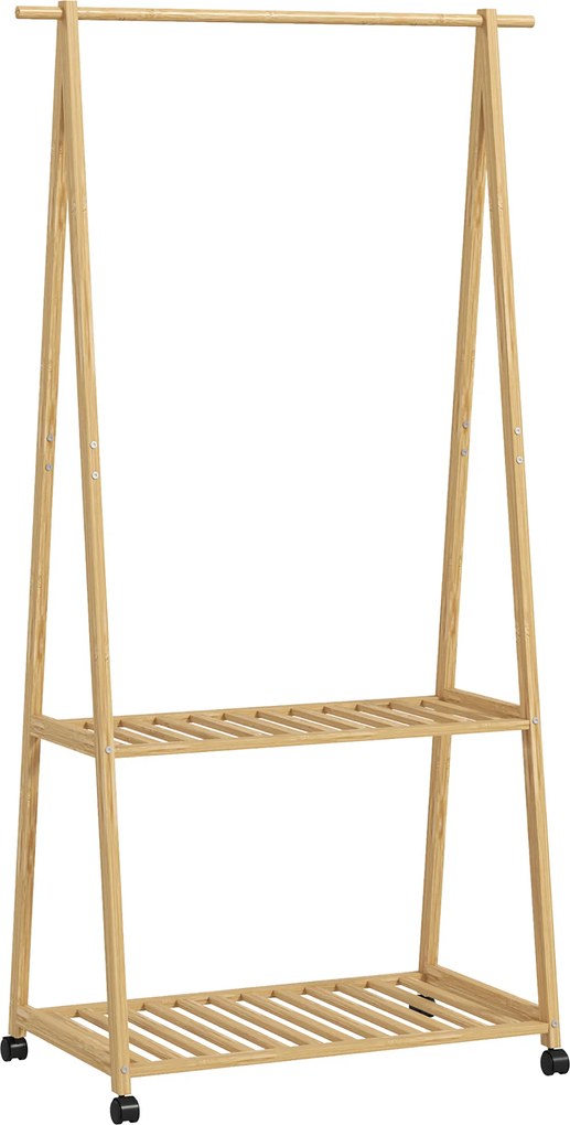 Charriot de Bambu para Roupa Charriot para Roupa com Rodas 2 Prateleiras Abertas e 2 Ganchos 84,5x43,5x158 cm Madeira