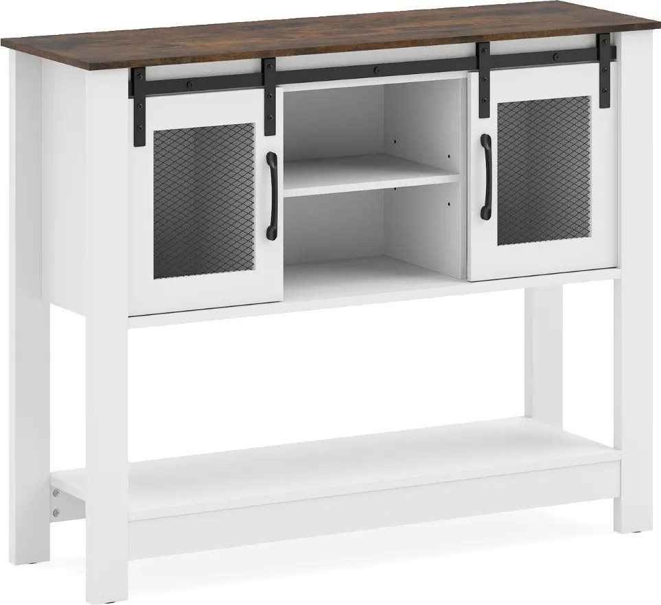 Aparador Armário de cozinha 102 x 32 x 82 cm com 2 compartimentos abertos, prateleira ajustável, portas de correr Branco+Castanho