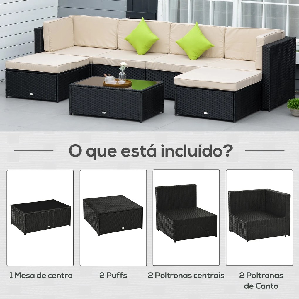 Conjunto de Móveis de Jardim de Vime PE Conjunto de 7 Peças Mesa Sofás
