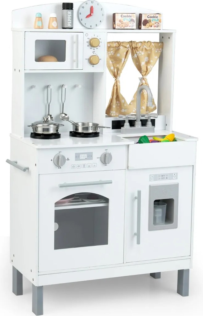 Cozinha de brincar para crianças de madeira 63 x 30 x 100/104/105,5 cm com 3 alturas ajustáveis Micro-ondas Fogões Pia Forno Máquina Branca