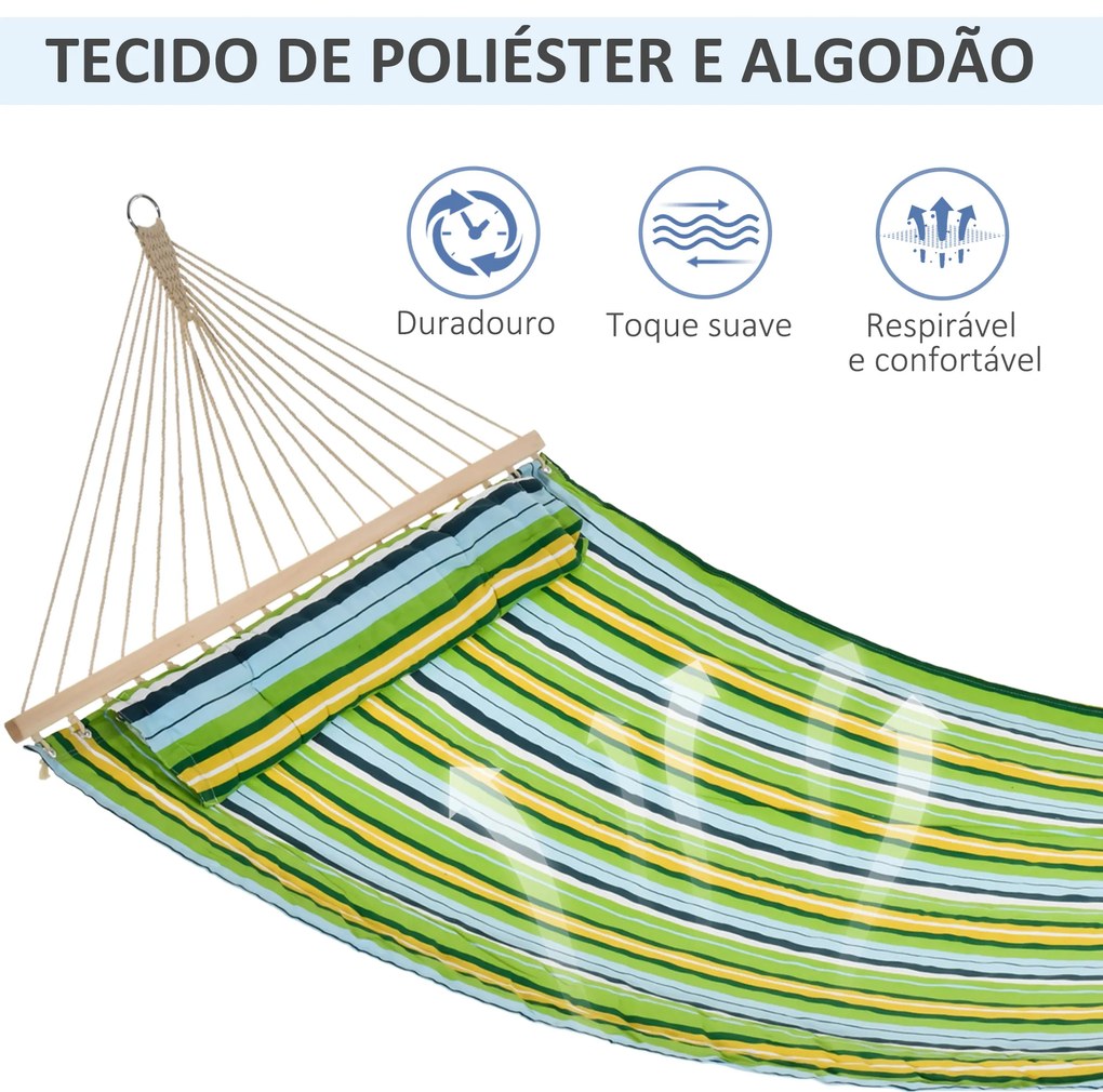 Cama Rede Suspensa de Jardim para 2 Pessoas Cama Rede para Campismo com Almofada Carga Máxima 180kg 210x140cm Azul Verde