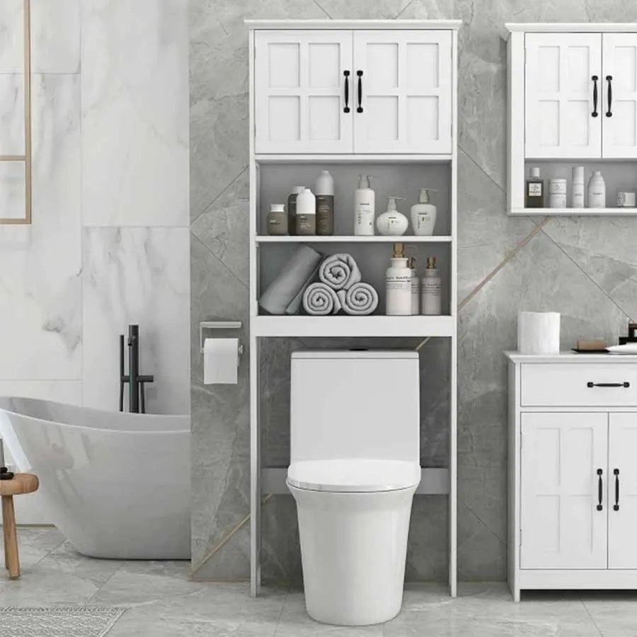 Móvel sobre Sanita Armário para Máquina de Lavar com 2 Portas Prateleiras Abertas e Ajustável 66x23x178 cm Branco