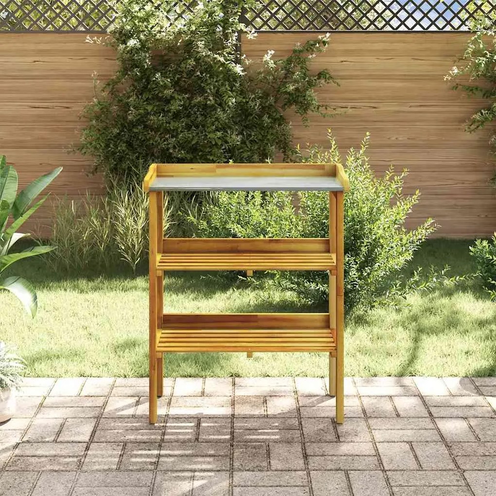 Mesa jardinagem c/ 2 prateleiras madeira acácia maciça e zinco