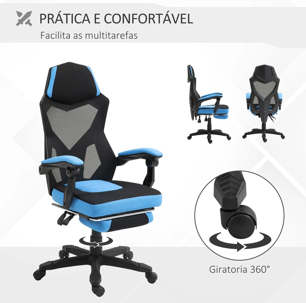 Cadeira de Escritório Ajustável em Altura Cadeira para Secretária Giratória de 360° Reclinável até 135° 58x72x108-118 cm Azul