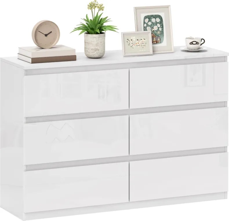 Cómoda com 6 Gavetas de Madeira Cómoda de Dormitório Cómoda Branca Estilo Moderno 112x34x75 cm Branco Brilhante