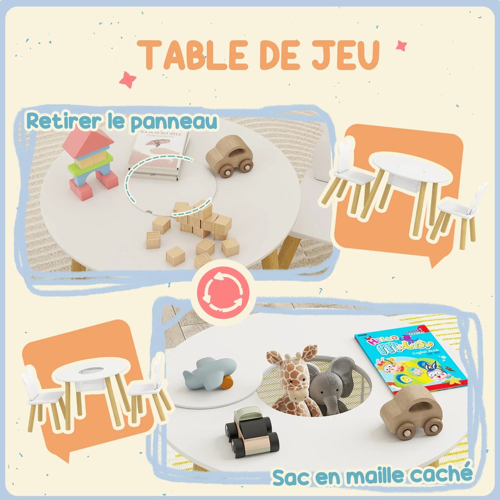 Conjunto composto por 1 mesa redonda e 2 cadeiras infantis de 3 peças, com encosto em forma de urso, para atividades, trabalhos manuais e refeições, p