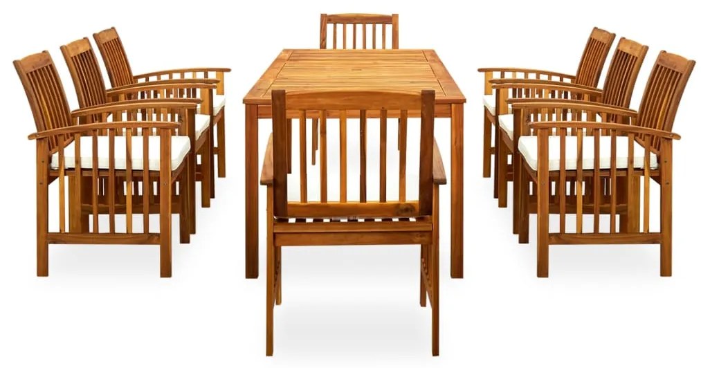9 pcs conjunto de jantar p/ jardim c/ almofadões acácia maciça