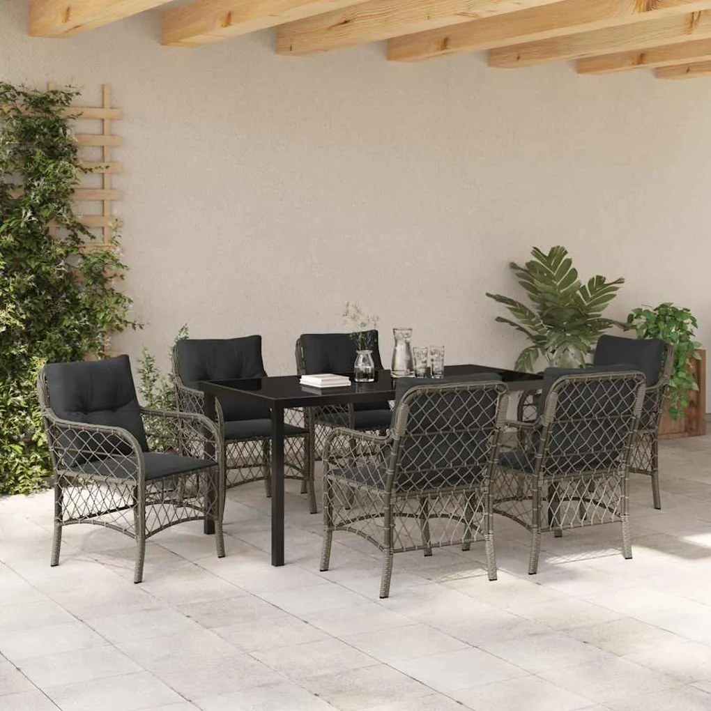 Conjunto de Jantar de Jardim com 7 Peças e Almofadas Cinza em Rattan S