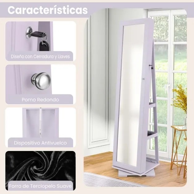 Armário para joias giratório em 360° com espelho inteiro com espelho para maquilhagem 39 x 39 x 161 cm Púrpura