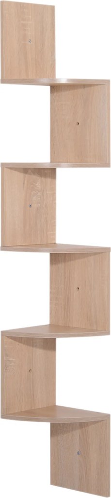Estante de canto de parede para arrumação, em forma de ziguezague, 20 L x 20 L x 126 A cm, 5 prateleiras, madeira de carvalho claro
