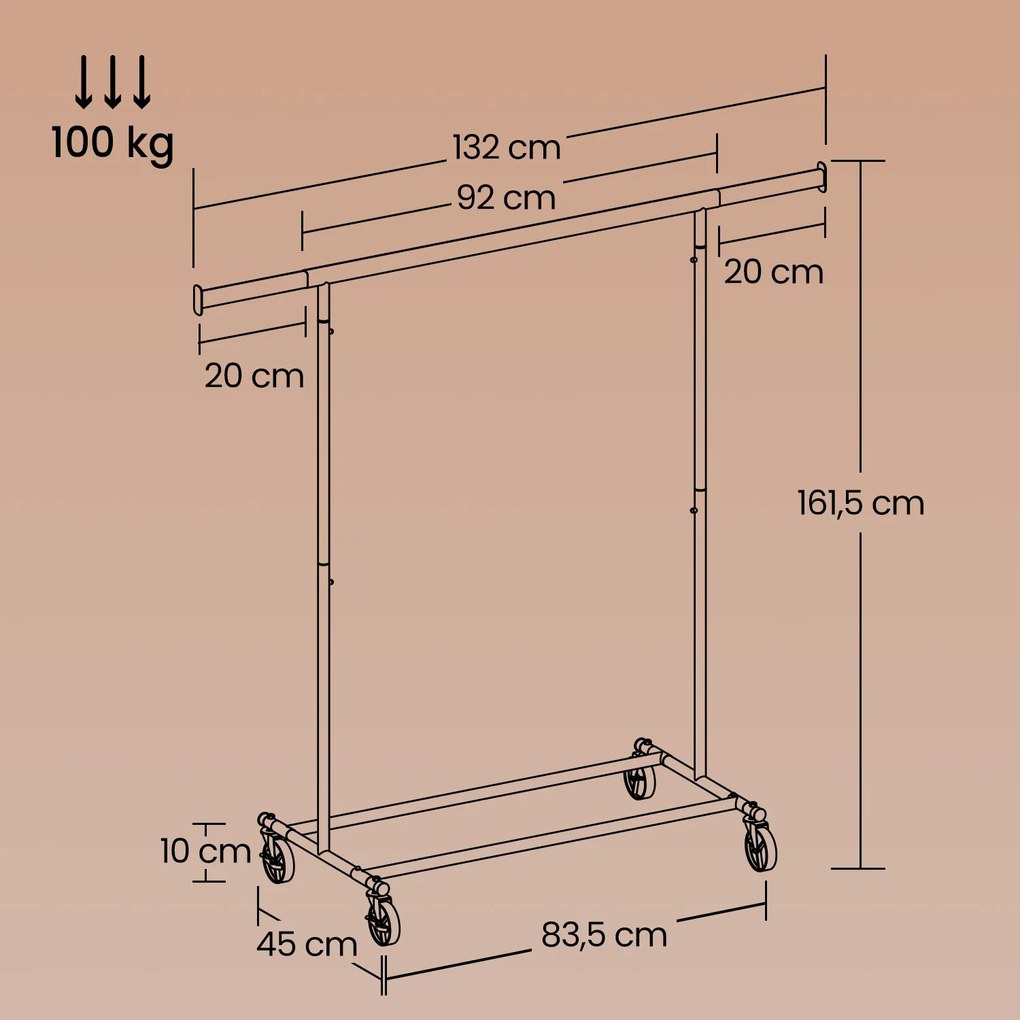 Cabideiro com rodas e barra extensível 45 x (92-132) x 161,5 cm branco