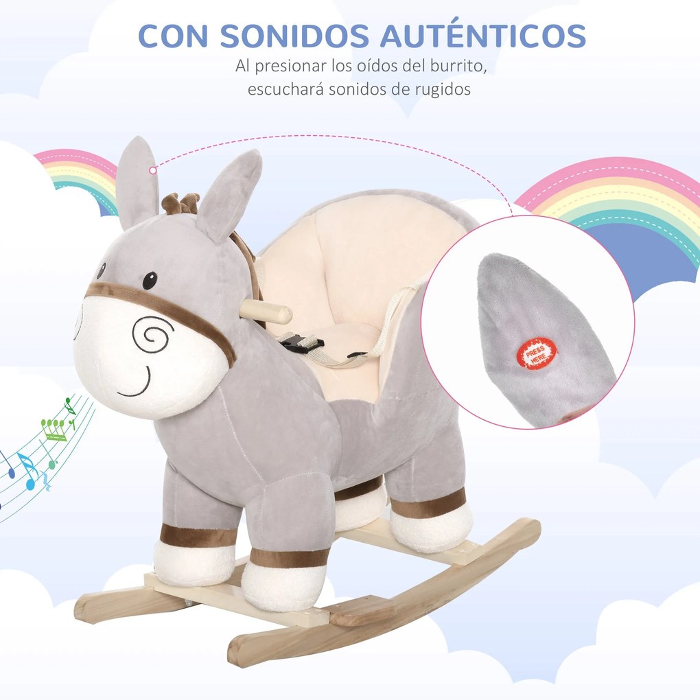 Baloiço Infantil em Forma de Burro de Pelúcia para Bebés 18-36 Meses c