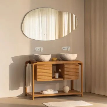 Conjunto De Móvel De Casa De Banho Em Madeira De Teca Bradley 2 X Irregular Em Cimento Branco ??40 Cm Fedro & Led Irregular E Antiembaciamento - Sklum