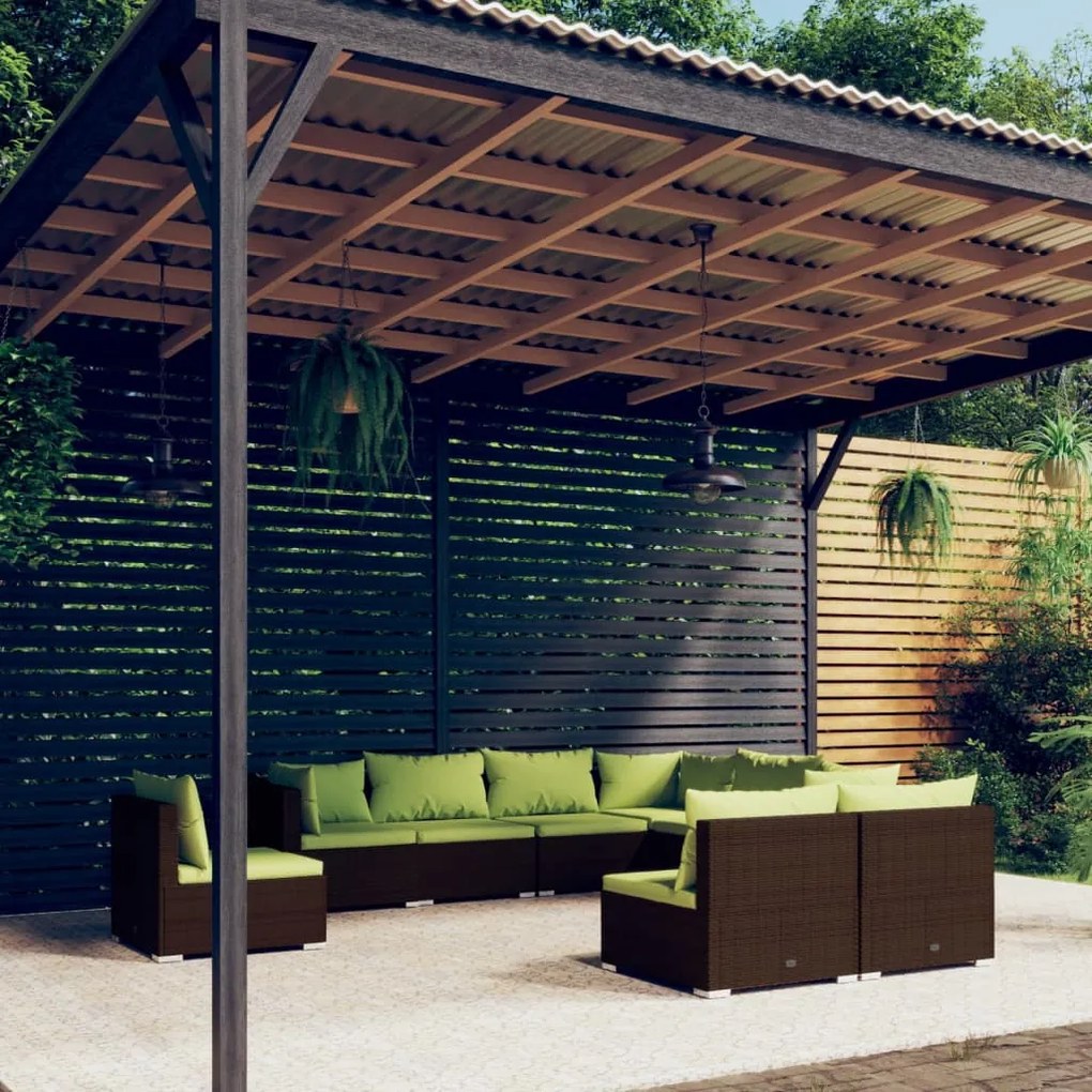 vidaXL 9 pcs conjunto lounge de jardim c/ almofadões vime PE castanho