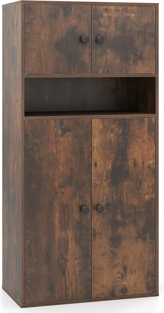 Estante com 4 portas de armazenamento moderno 54 x 30 x 111 cm de 4 níveis com prateleiras ajustáveis Castanho