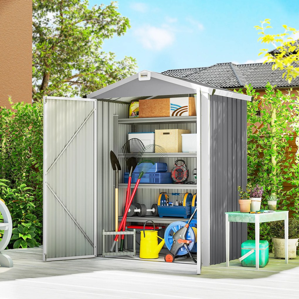 Abrigo de Jardim Exterior 1,1 m² 133x87x178 cm com 2 Portas de Correr Telhado Inclinado e Luvas Cinzento Prateado