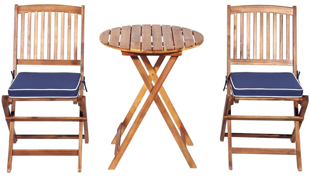 Conjunto 5 Peças Móveis Bistro de Madeira 2 Cadeiras com Almofada Mesa de Madeira de Acácia Mesa de Exterior Dobrável para Terraço Jardim Piscina Azul