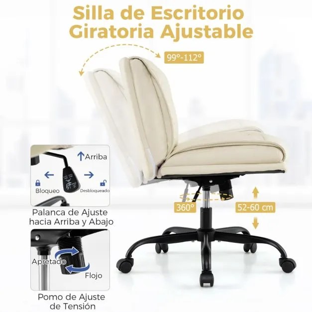 Cadeira de escritório sem braços em PU Altura ajustável Elevação a gás Giratória 360° Assento largo 72 x 72 x 82-90 cm Branca