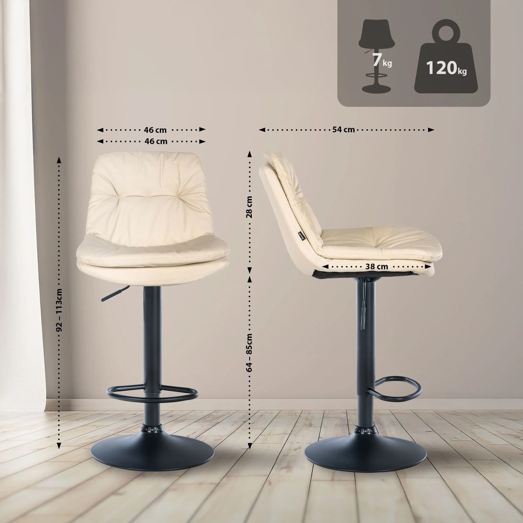 Banco de bar em couro sintético com estrutura preta 92-113 x 46 x 54 cm cor creme