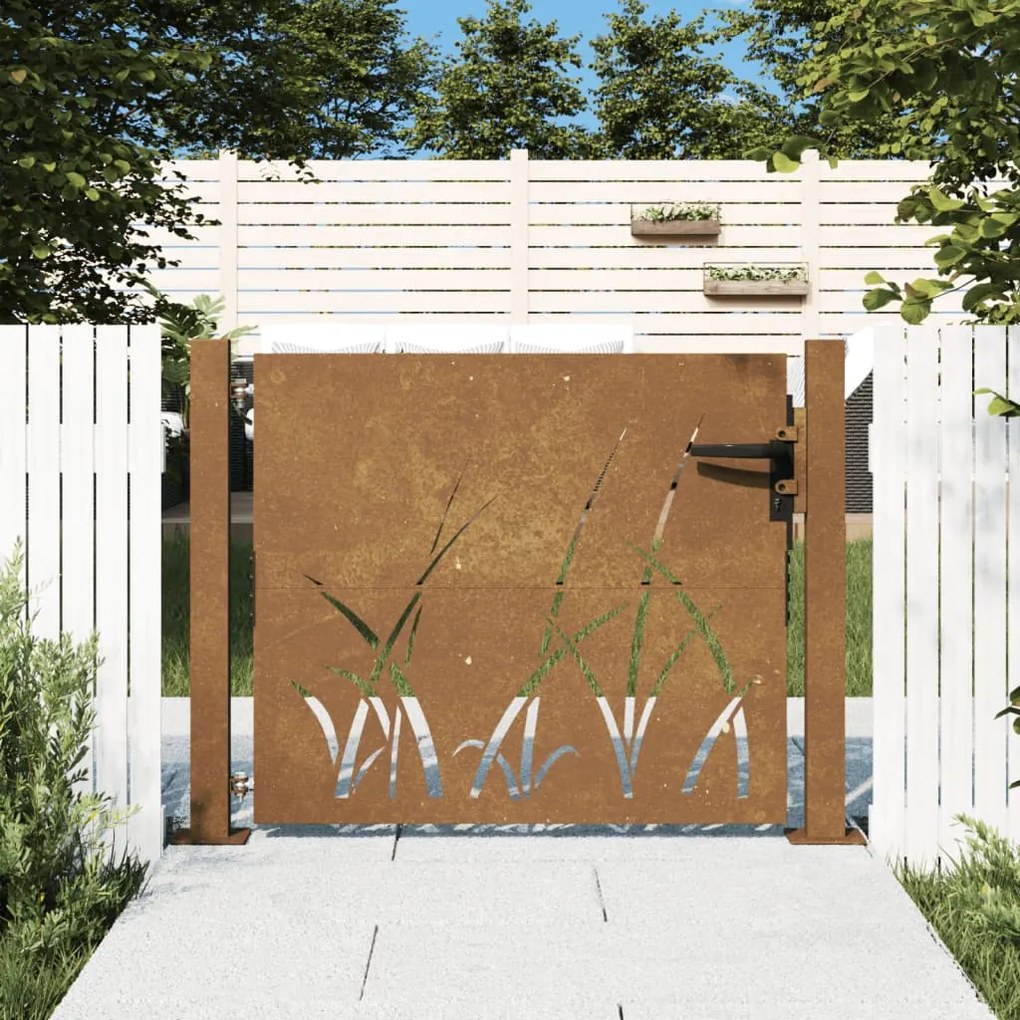 vidaXL Portão de jardim 100x100 cm em aço corten com design de grama