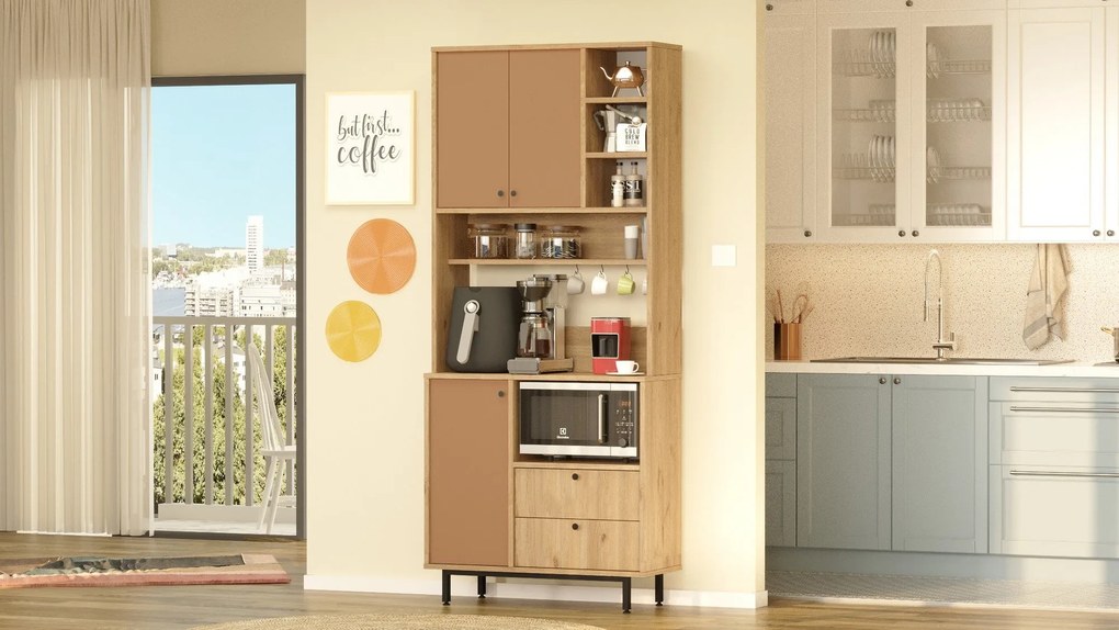 Armário Alto de Cozinha "Toledo" - Carvalho e Nogueira Vermelho - 88x2