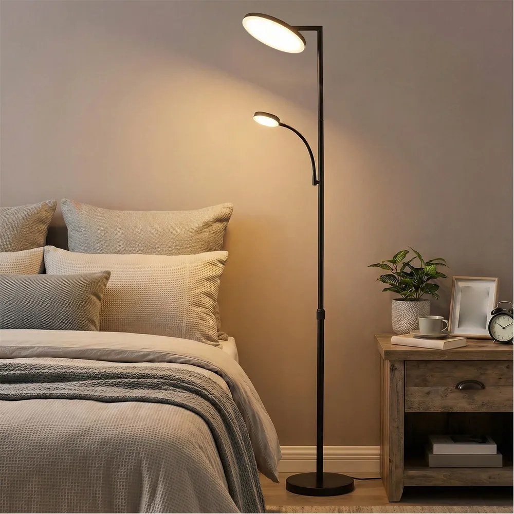 Candeeiro de pé LED com altura ajustável 25 x 25 x (148-176) cm, candeeiro de pé com luz de leitura preto