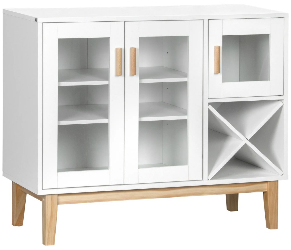 HOMCOM Aparador de Cozinha com 3 Portas de Vidro e Suporte em Forma de X para 4 Garrafas Móvel Buffet Auxiliar 90x37x75cm Branco | Aosom Portugal