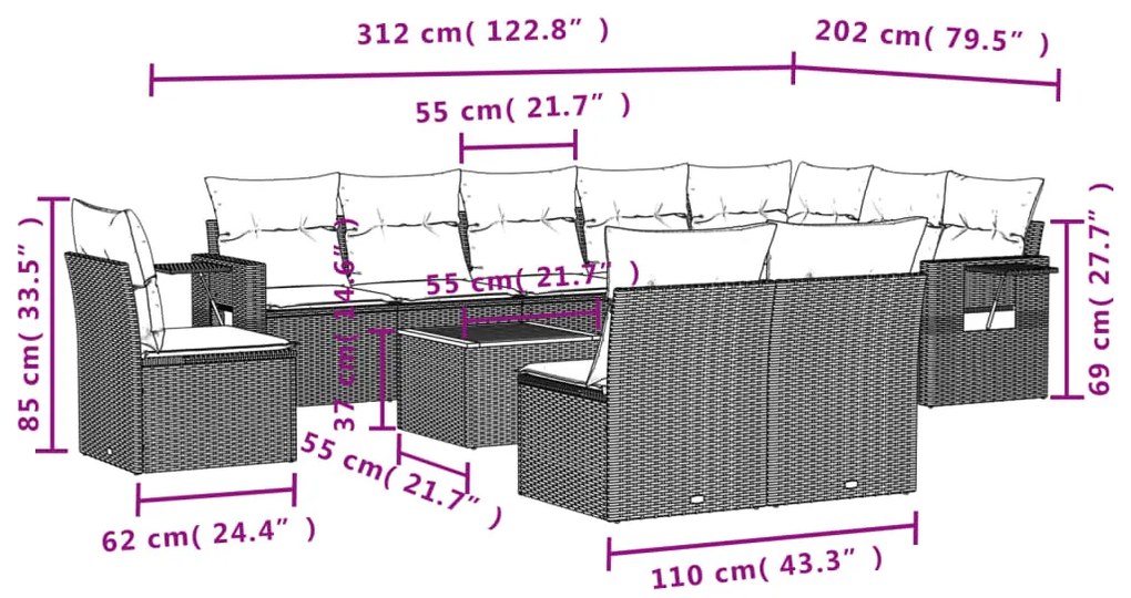 11 pcs conjunto sofás de jardim c/ almofadões vime PE preto