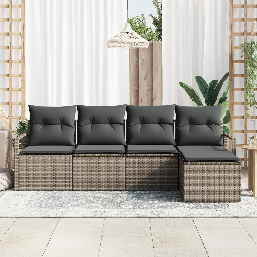 Conjunto de Sofá de Jardim de 5 Peças com Almofadas Cinza em Polyratta