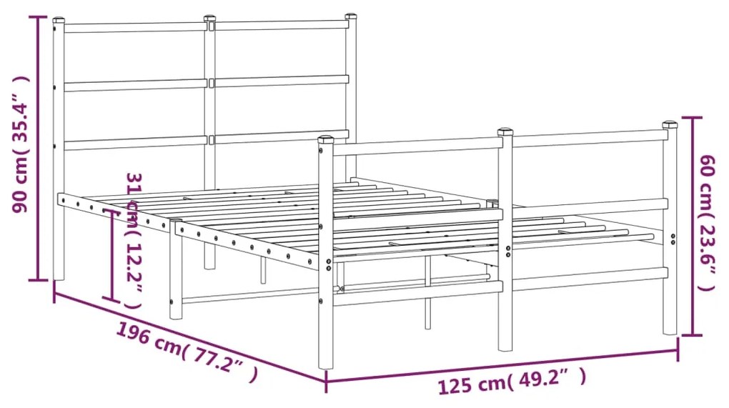 Estrutura de cama com cabeceira e pés 120x190 cm metal branco