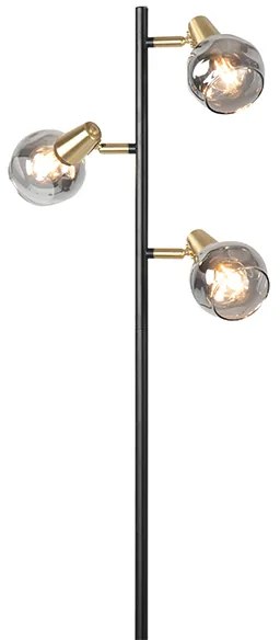 Candeeiro de pé Art Deco preto e dourado com vidro fumê 3 luzes - VIDRO Art Deco