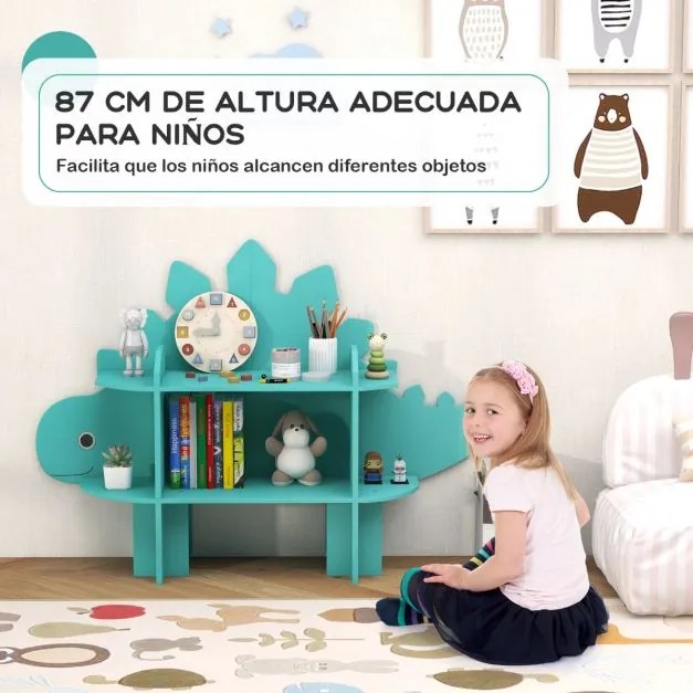 Estante de dinossauro de madeira de 2 níveis para crianças Organizador de brinquedos com prateleiras de arrumação abertas Verde