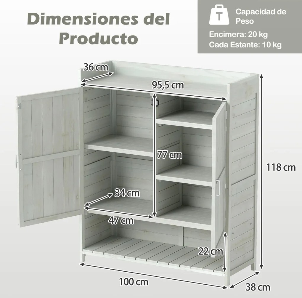 Bancada jardinagem para Exterior 100 x 38 x 118 cm com Armazenamento Armário de Madeira Maciça com Prateleiras Removíveis e 2 Portas Cinza