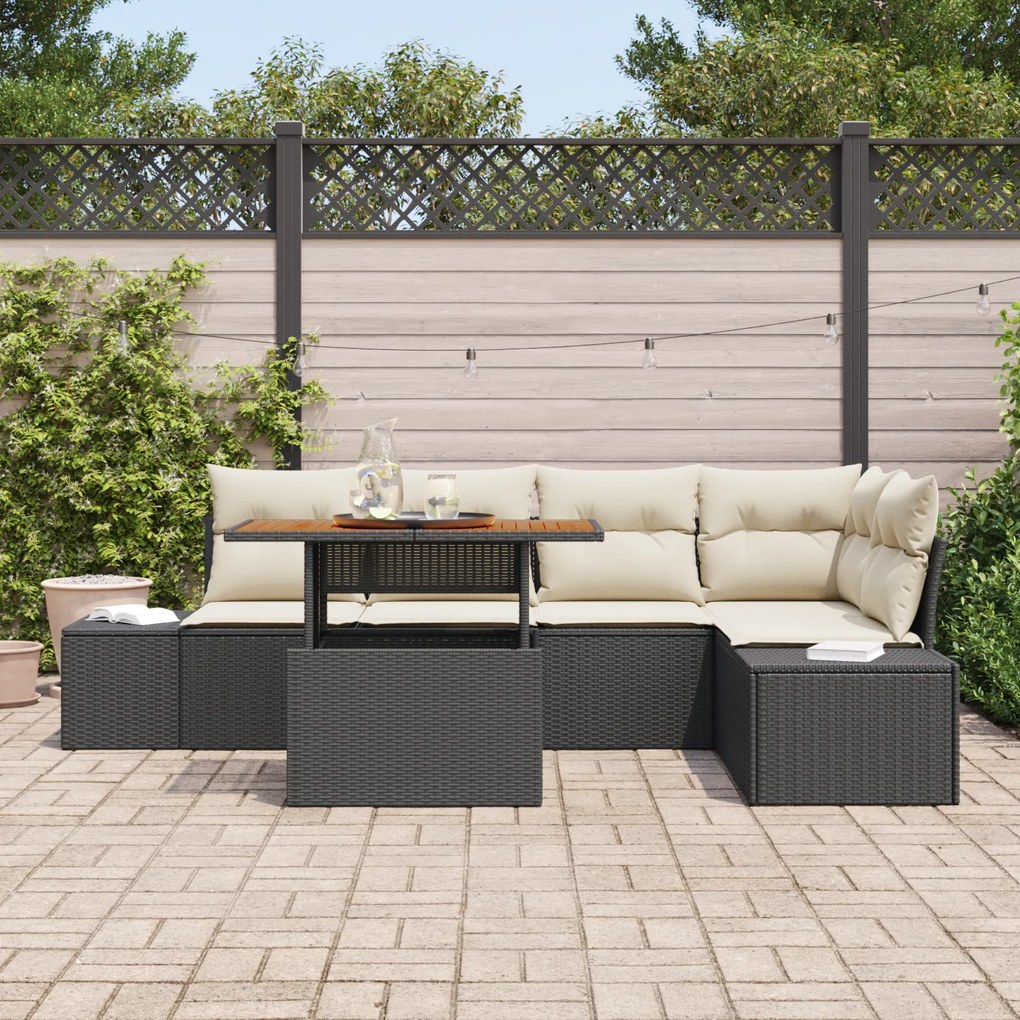 Conjunto de Sofás de Jardim de 6 Peças com Almofadas Preto Rattan Sint