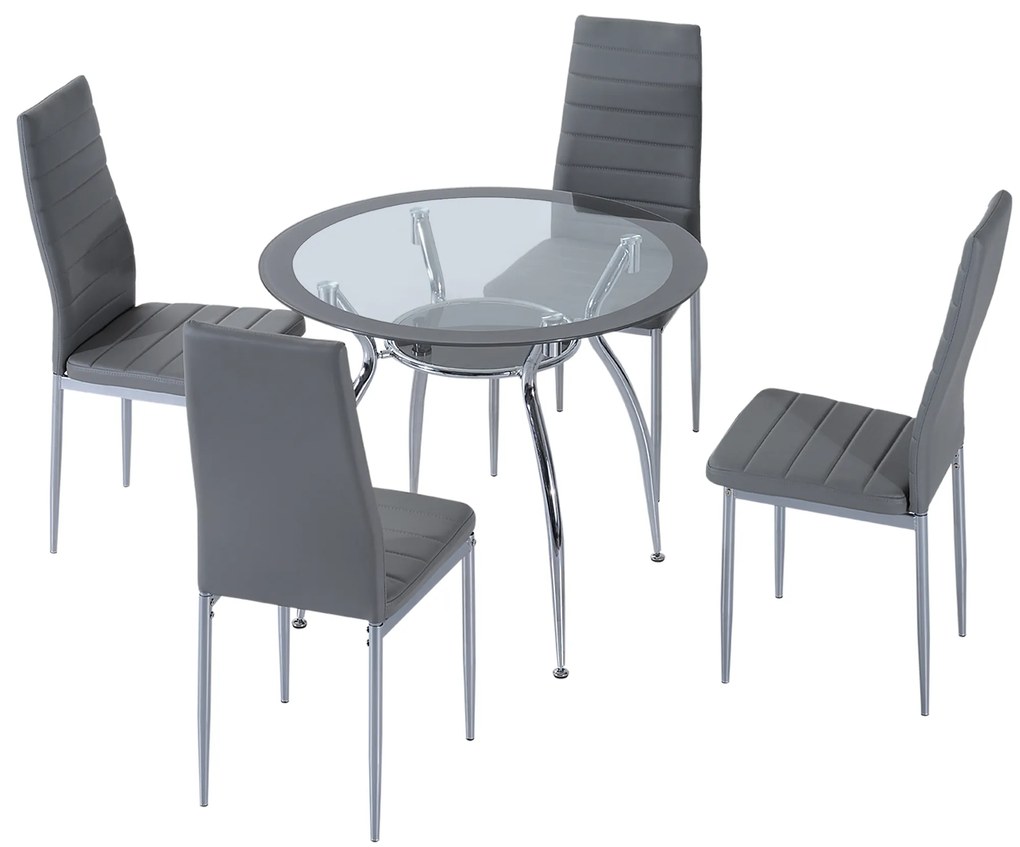 HOMCOM Conjunto de Refeição Conjunto de 5 peças Mesa Redonda de Vidro Temperado Ø90x75 cm e 4 Cadeiras 42x52x96 cm Cinza | Aosom Portugal