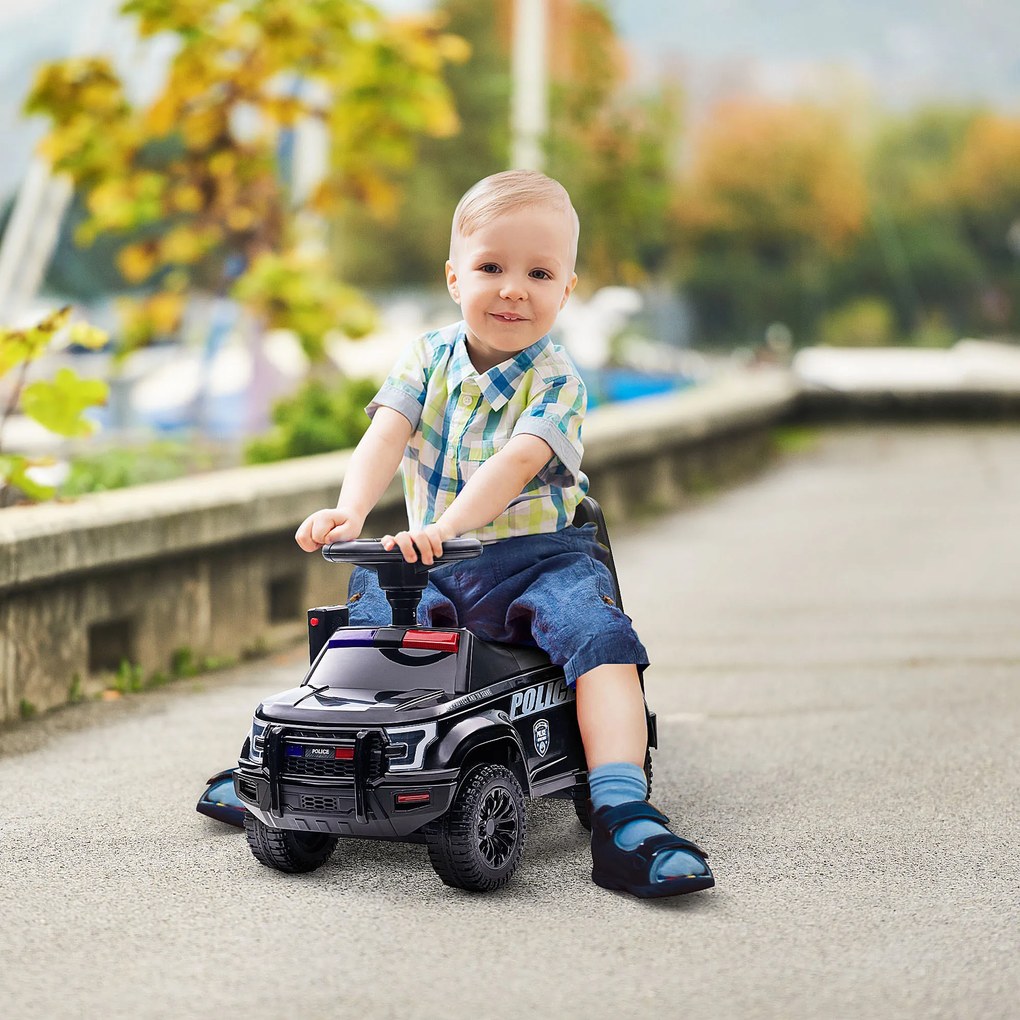 HOMCOM Carro Andador de Policia para Bebé de 18-60 Meses Carro sem Pedais com Buzina Megafone Compartimento de Armazenamento e Encosto Removível 62x29x43cm Preto