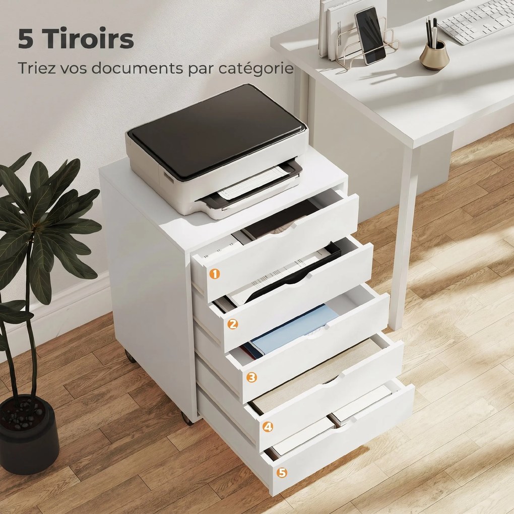 Bloco Gavetas de secretária 50x40x67,5cm móvel com 5 gavetas, móvel de arrumação de escritório com Rodas para documentos A3/Carta/A4, branco