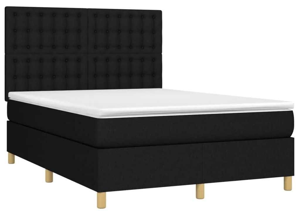 Cama box spring c/ colchão e LED 140x200 cm tecido preto