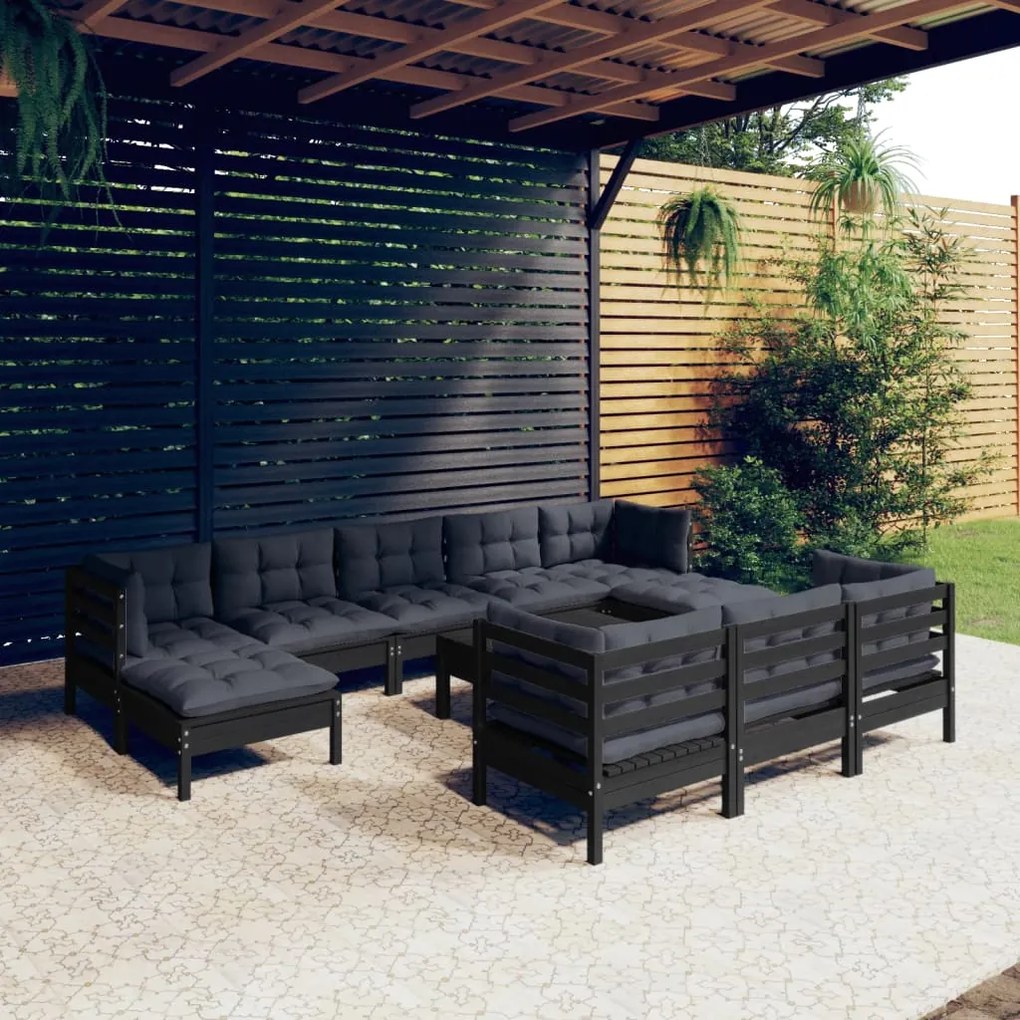 vidaXL 11 pcs conjunto lounge jardim c/ almofadões pinho maciço preto