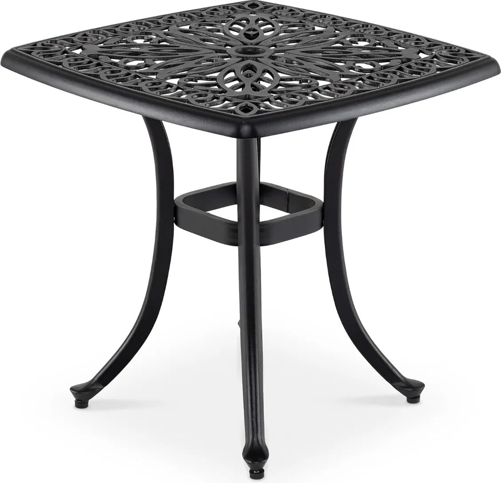 Mesa Jardim em alumínio fundido quadrada 54 x 54 x 53 cm, resistente a todas as condições meteorológicas, com orifício para guarda-sol; resistente à o